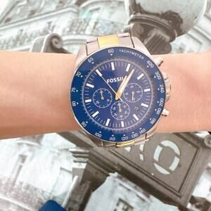 Fossil BQ2266 Chronograph Blue Dial Tachmeter 2 Tone Steel Band Men's Watch